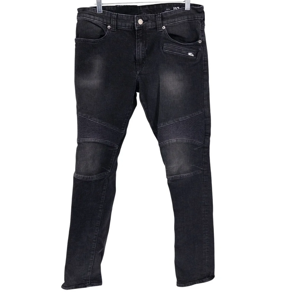 NWT Armani Exchange Mens 33x31 Black J27 Skinny Biker Moto‎ Jeans Stretch Denim